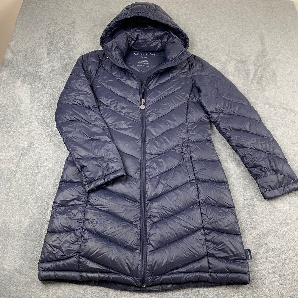 Calvin Klein Women Small Puffer Coat Navy Blue Packable Lightweight Premium Down